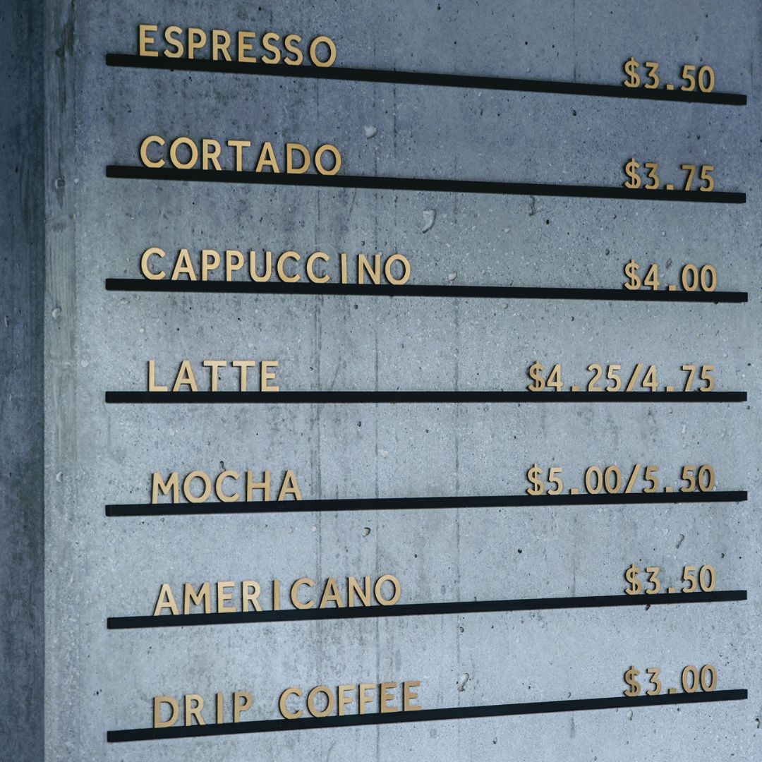 Customizable Rail Menu display with coffee shop menu