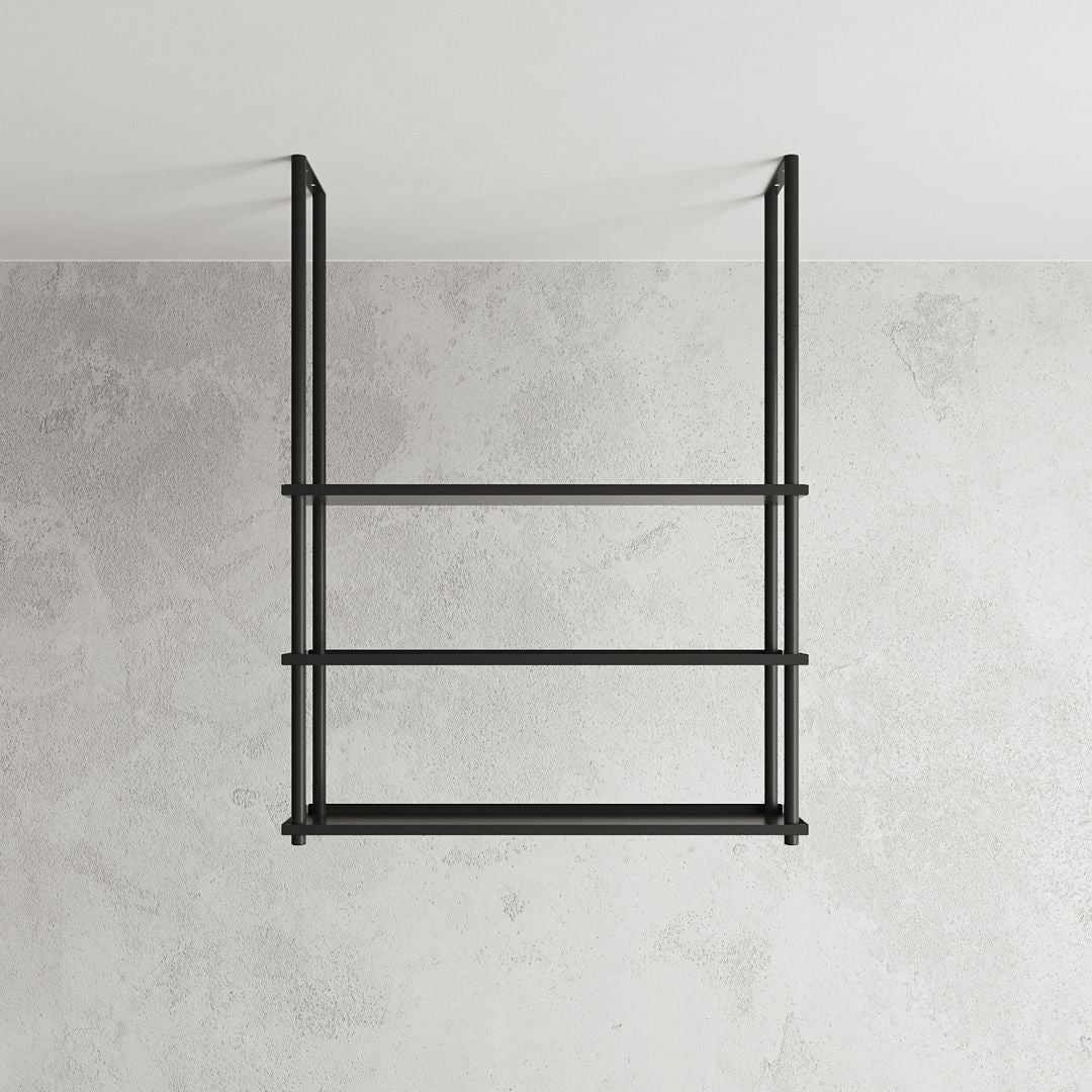 black industrial shelving units hanging from ceiling