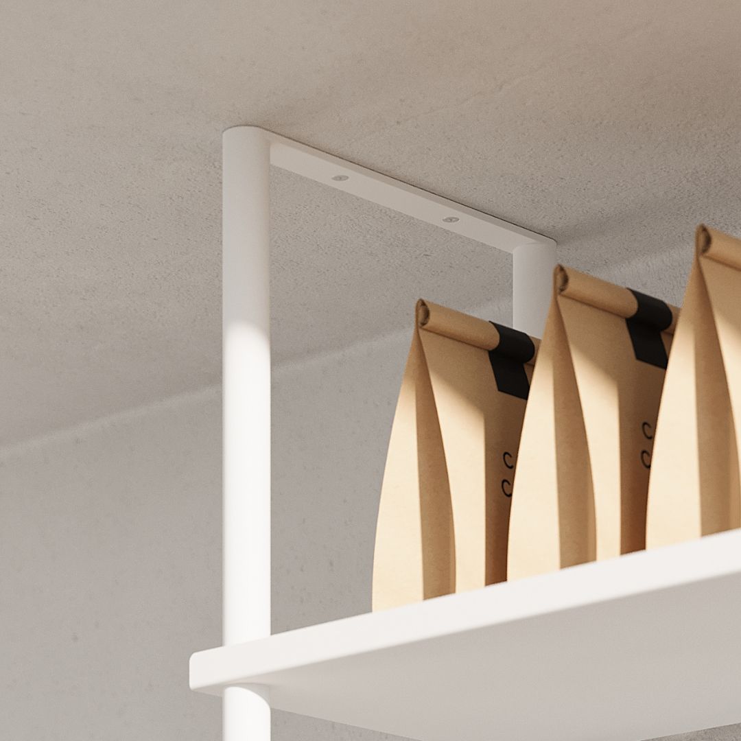 close up of ceiling hanging shelves mounting bracket