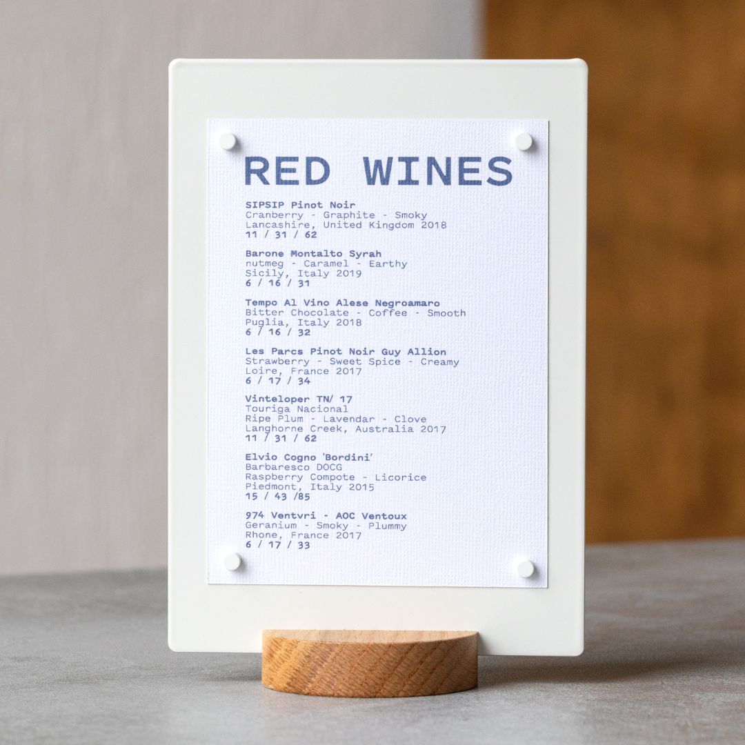 tabletop menu holder showing wine specials