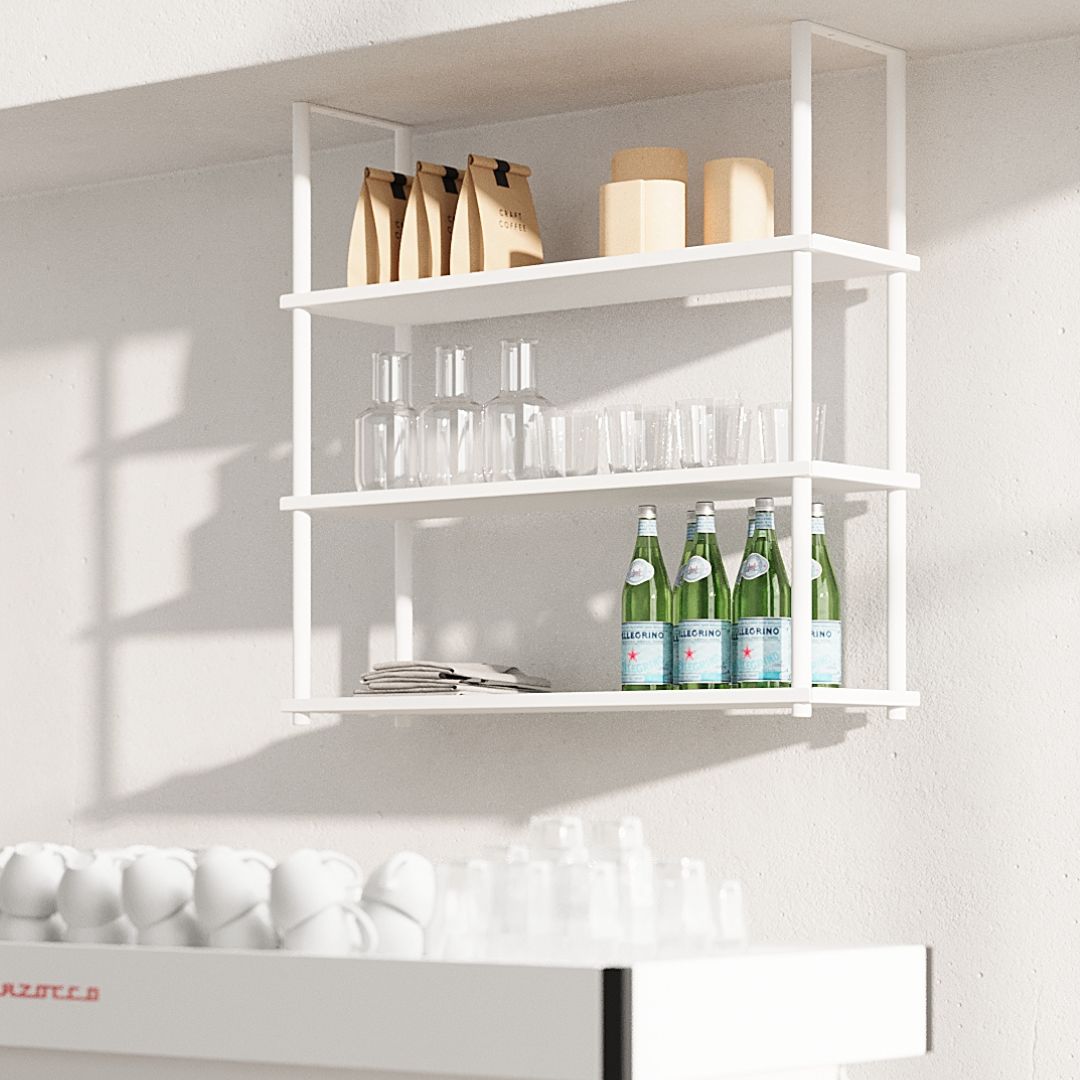 white ceiling mounted shelving units for kitchen